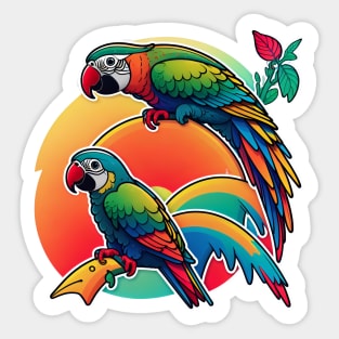 macaw in front of a vintage sunset, vintage design vector graphics, contour, Sticker